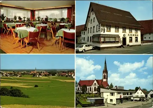 Ak Fluorn Winzeln im Schwarzwald Württemberg, Gasthof Krone, Ortspanorama, Kirche