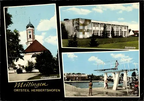 Ak Herbertshofen Meitingen in Schwaben, Klemenskirche, Turnhalle, Freibad