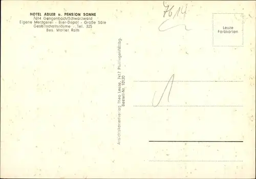 Ak Gengenbach im Schwarzwald, Hotel Adler und Pension Sonne,  Innen- und Außenansicht