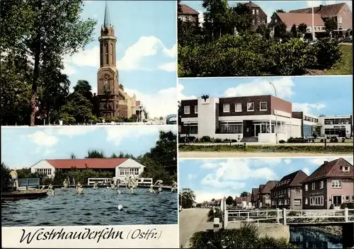 Ak Westrhauderfehn Rhauderfehn Ostfriesland, Kirche, Freibad, Stadtansicht