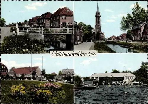 Ak Westrhauderfehn Rhauderfehn Ostfriesland, Freibad, Kirche, Stadtansicht