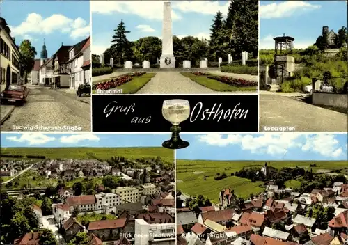 Ak Osthofen in Rheinhessen, Ehrenmal, Leckzapfen, Siedlung, Bergkirche, Straßenansicht