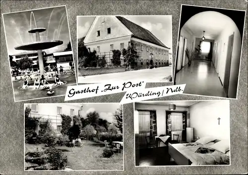 Ak Würding Bad Füssing in Niederbayern, Gasthof Zur Post,  Innen- und Außenansicht, Brunnen