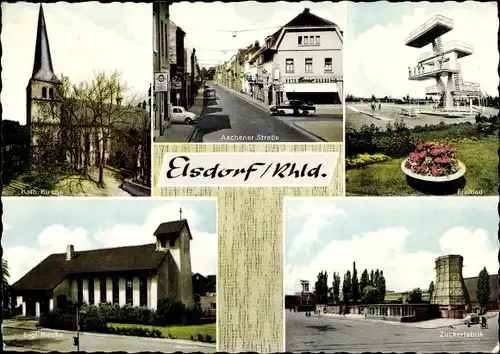 Ak Elsdorf im Rheinland, Aachener Straße, Zuckerfabrik, Kath. Kirche, Freibad