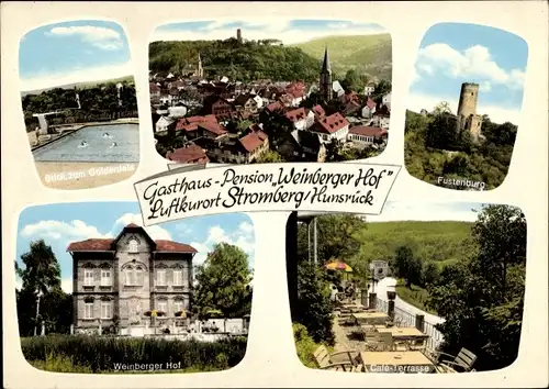 Ak Stromberg im Hunsrück, Gasthaus Pension Weinberger Hof, Ortspanorama, Burg