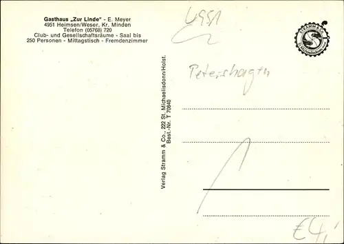 Ak Heimsen Petershagen an der Weser, Gasthaus zur Linde, Außenansicht, Bar, Speisesaal