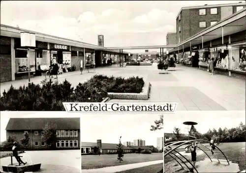 Ak Gartenstadt Krefeld am Niederrhein, Ladenstraße, Kinderspielplatz, Brunnen