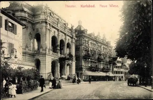 Ak Karlovy Vary Karlsbad Stadt, Theater, Neue Wiese