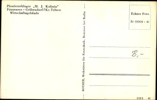 Ak Frauensee Gräbendorf in der Mark, Pionierzeltlager M. J. Kalinin, Wirtschaftsgebäude