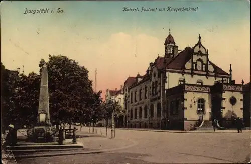 Ak Burgstädt in Sachsen, Kaiserl. Postamt mit Kriegerdenkmal
