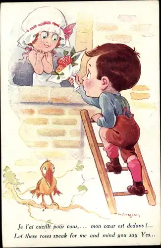 Ak Junge mit Blumen auf einer Leiter, Mädchen am Fenster