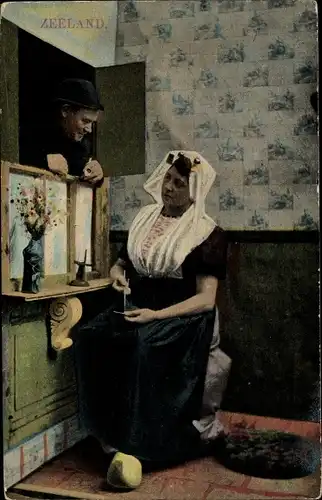 Ak Frau in niederländischer Tracht, Mann, Häkeln, Zeeland