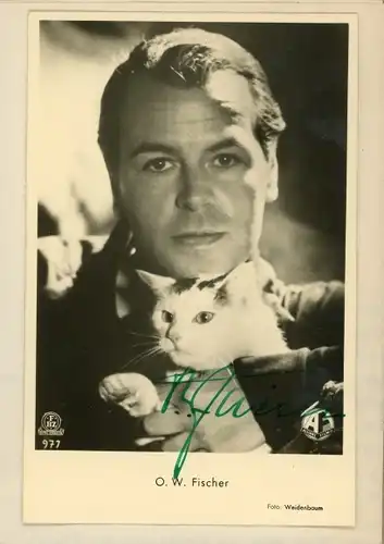 Autogrammkarte und Brief Schauspieler O.W. Fischer, Portrait mit Hauskatze