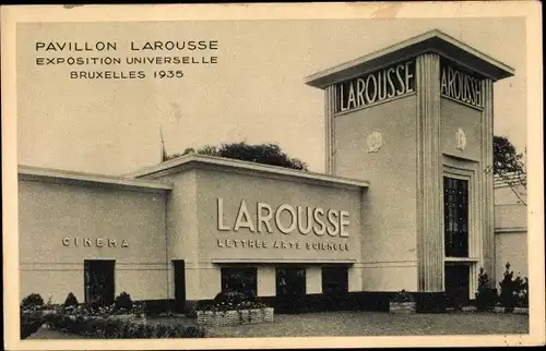 Ak Bruxelles Brüssel, Exposition Universelle 1935, Pavillon Larousse, Cinema, Lettres Arts Sciences