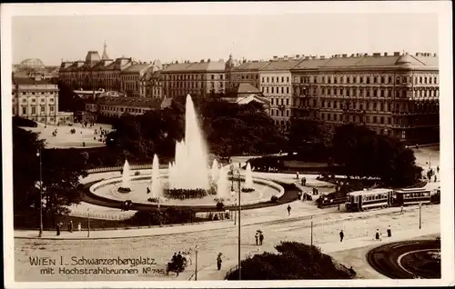 Ak Wien 1 Innere Stadt, Schwarzenbergplatz, Hochstrahlbrunnen, Straßenbahn