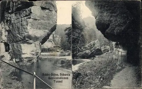 Ak Hřensko Herrnskretschen Elbe Region Aussig, Edmundsklamm, Tunnel