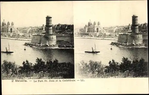 Stereo Ak Marseille Bouches du Rhône, Le Fort St. Jean et la Cathedrale