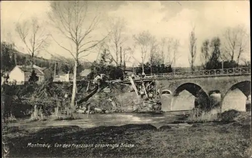 Ak Montmédy Lothringen Meuse, Von den Franzosen gesprengte Brücke