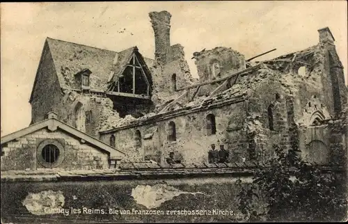 Ak Cernay-lès-Reims Marne, die von Franzosen zerschossene Kirche, Kriegszerstörung 1. WK