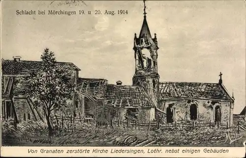 Ak Morhange Mörchingen Lothringen Moselle, Schlacht 1914, zerstörte Kirche, Kriegszerstörung 1. WK