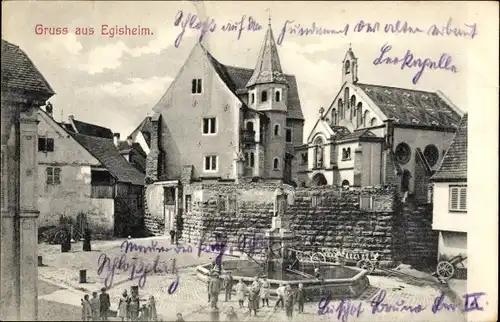 Ak Eguisheim Egisheim Elsass Haut Rhin, Platz, Brunnen