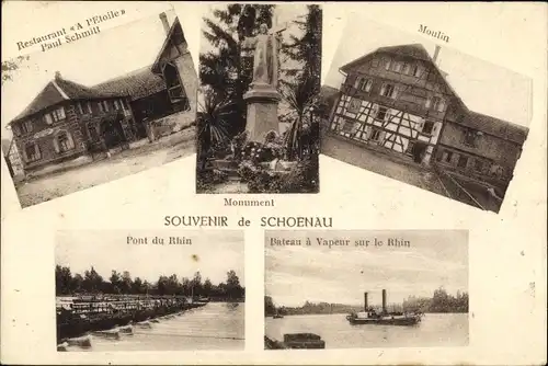 Ak Schœnau Schoenau Schönau Elsass Bas Rhin, Moulin, Pont du Rhin, Bateau a Vapeur