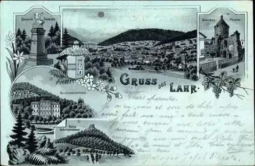 Mondschein Litho Lahr im Schwarzwald Baden, Reichswaisenhaus, Bismarckdenkmal, Turm, Ruine