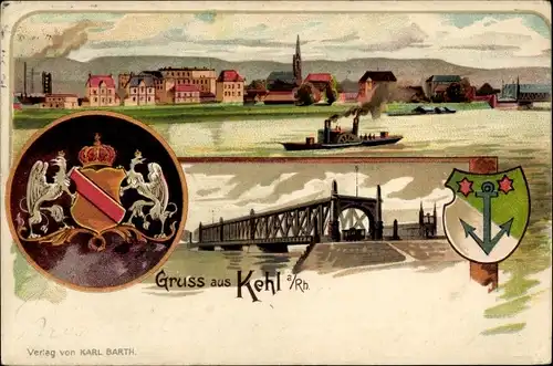 Wappen Litho Kehl am Rhein Ortenaukreis Baden Württemberg, Ortschaft, Brücke