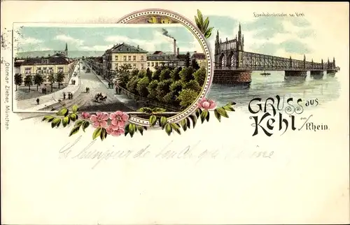 Litho Kehl am Rhein Ortenaukreis Baden Württemberg, Straßenpartie, Eisenbahnbrücke