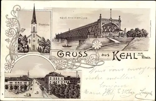 Litho Kehl am Rhein, Neue Rheinbrücke, Stadtkirche, Neue Rheinbrücke, Straßenpartie