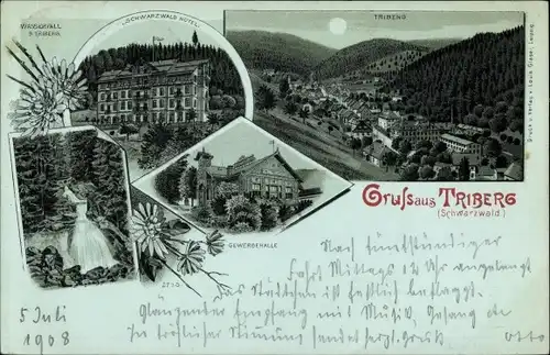 Litho Triberg im Schwarzwald, Schwarzwald Hotel, Gewerbehalle, Wasserfall, Totalansicht