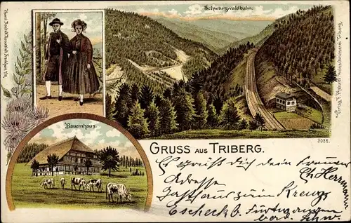 Litho Triberg im Schwarzwald, Schwarzwaldbahn, Bauernhaus, Liebespaar in Tracht