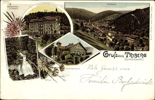 Litho Triberg im Schwarzwald, Schwarzwald Hotel, Gewerbehalle, Wasserfall, Totalansicht