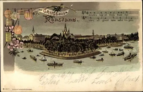 Lied Litho Konstanz am Bodensee, Stadtansicht, Lampions, Schiffe, Dampfer, Konstanz liegt...