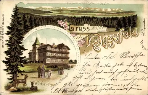 Litho Königsfeld im Schwarzwald Baar Kreis, Kurhaus Doniswald, Alpenpanorama