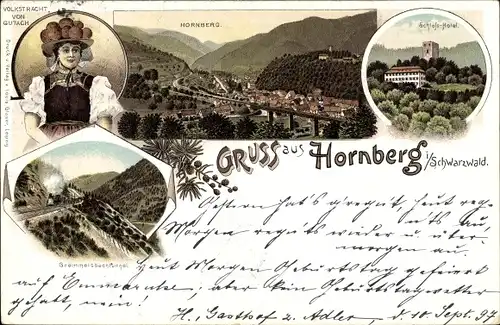 Litho Hornberg im Ortenaukreis Baden Württemberg, Schlosshotel, Gremmelsbachtunnel, Gutacher Tracht