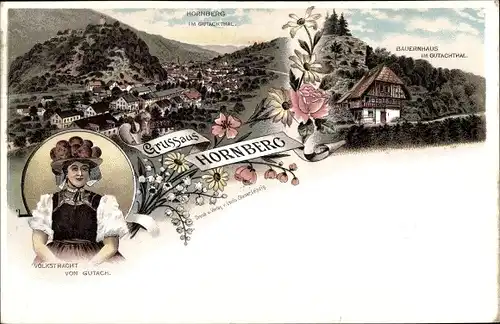 Litho Hornberg im Ortenaukreis Baden Württemberg, Gutacher Tracht, Bauernhaus, Blumen