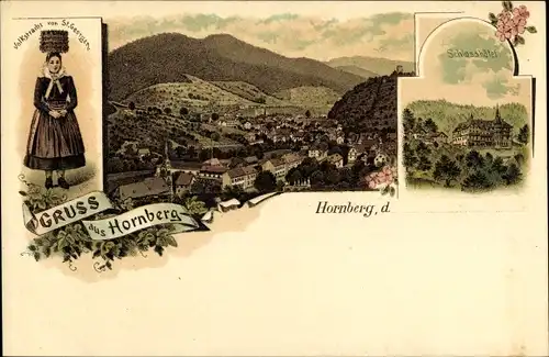 Litho Hornberg im Ortenaukreis Baden Württemberg, Volkstracht, Schlosshotel, Gesamtansicht
