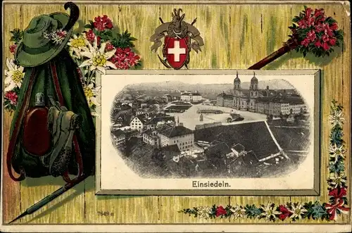 Passepartout Ak Einsiedeln Kanton Schwyz Schweiz, Wanderrucksack, Hut, Blumen