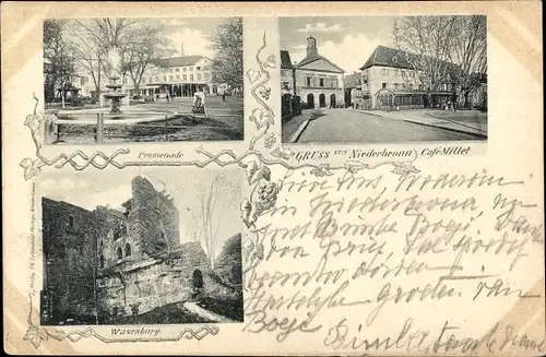 Ak Niederbronn les Bains Bad Niederbronn Elsass Bas Rhin, Café Millet, Promenade, Wasenburg