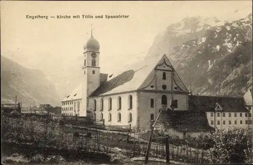 Ak Engelberg Kanton Obwalden Schweiz, Kirche mit Titlis und Spannörter