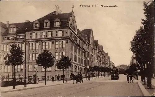 Ak Plauen im Vogtland, Partie in der Breitestraße mit Straßenbahn, Pferdekutsche