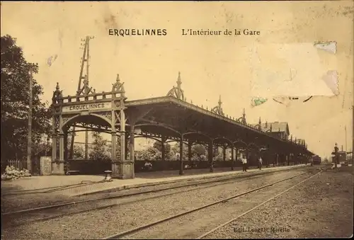 Ak Erquelinnes Wallonien Hennegau, L'Interieur de la Gare, Bahnhof