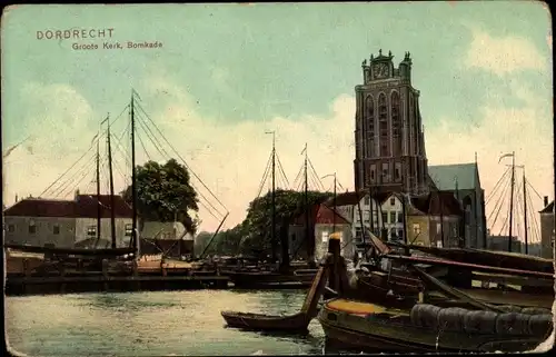 Ak Dordrecht Südholland Niederlande, Groote Kerk, Bomkade