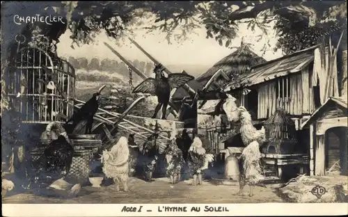 Ak Chantecler Acte I, L'Hymne au Soleil, Hühner, Bauernhofpartie, Theaterszene