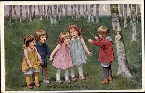 Künstler Ak Feiertag, K., Singende Kinder, Wald, Mondschein