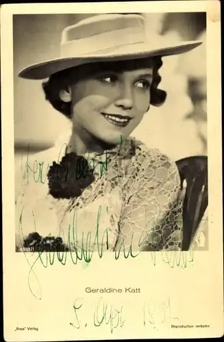 Ak Schauspielerin Geraldine Katt, Portrait, Ross