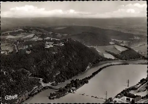 Ak Syburg Dortmund Nordrhein Westfalen, Hohensyburg mit Hengsteysee und Inselgasthof. Luftbild