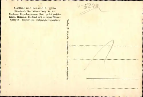 Ak Dünebusch Hamm an der Sieg, Gasthof und Pension Haus auf der Höh, Speisezimmer, Siegtal