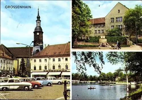 Ak Großenhain in Sachsen, Karl Marx Platz, VVN Gedenkstätte und neue Berufsschule, Gondelteich